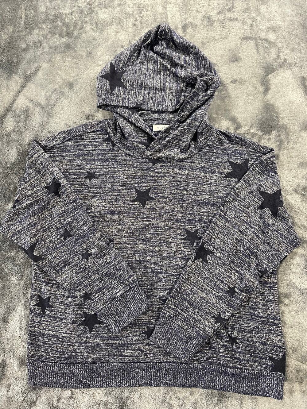 Celestial Star Print Hooded Sweater Pullover Hoodie Top Large Blue Marl Knit